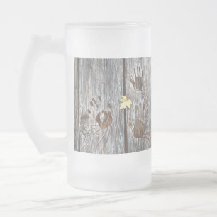 Handprints Birds on Wooden Boards with Autumn Leaf Frosted Glass Beer Mug