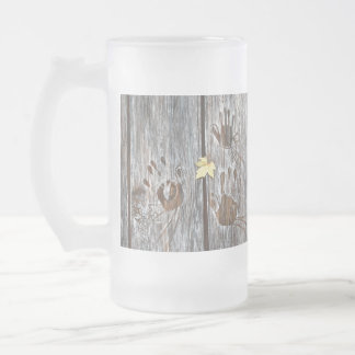 Handprints Birds on Wooden Boards with Autumn Leaf Frosted Glass Beer Mug