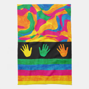 Handprints Colourful Finger Paint Textured Stripes Tea Towel