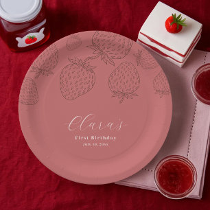 Handraw Minimalist Strawberry Birthday Paper Plate