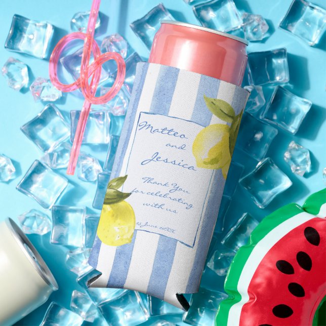 Handrawn blue stripes lemons Italian wedding favou Seltzer Can Cooler (In Situ Summer)