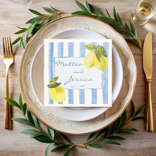 Handrawn blue stripes lemons Italian wedding Napkin
