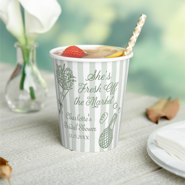 Handrawn Fresh Off the Market Bridal Shower Paper Cups (Insitu)