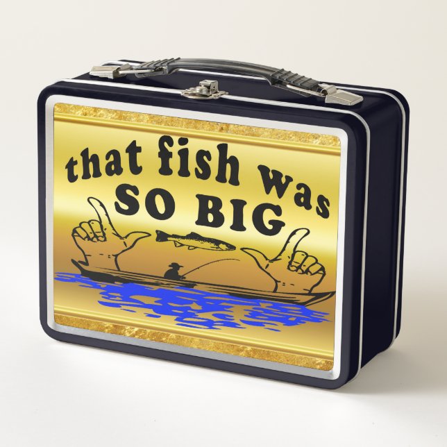 Hands apart showing a fish and a boat with water metal lunch box (Front)