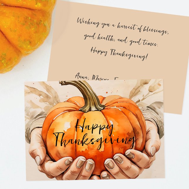 Hands Gently Holding a Pumpkin Thanksgiving Holiday Card (Creator Uploaded)