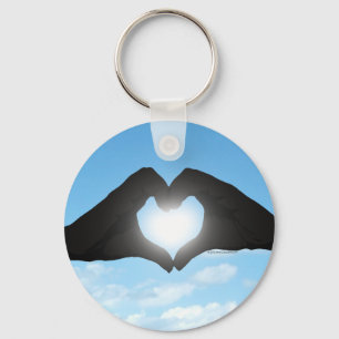 Hands in Heart Shape Silhouette on Blue Sky Key Ring