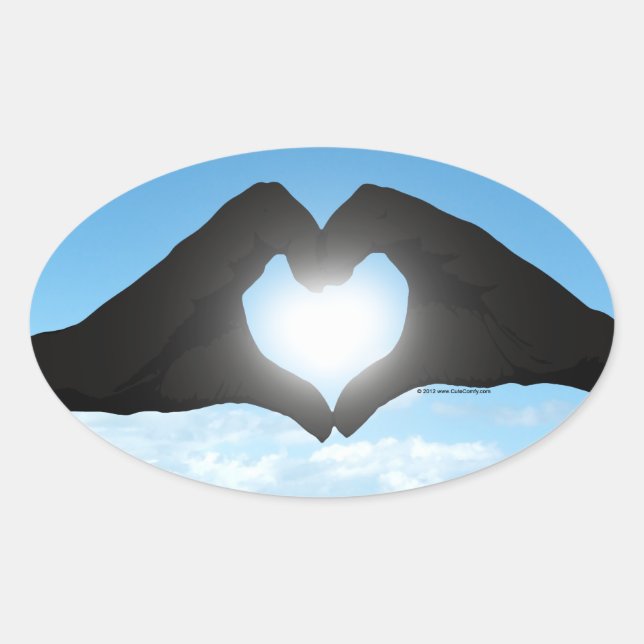 Hands in Heart Shape Silhouette on Blue Sky Oval Sticker (Front)