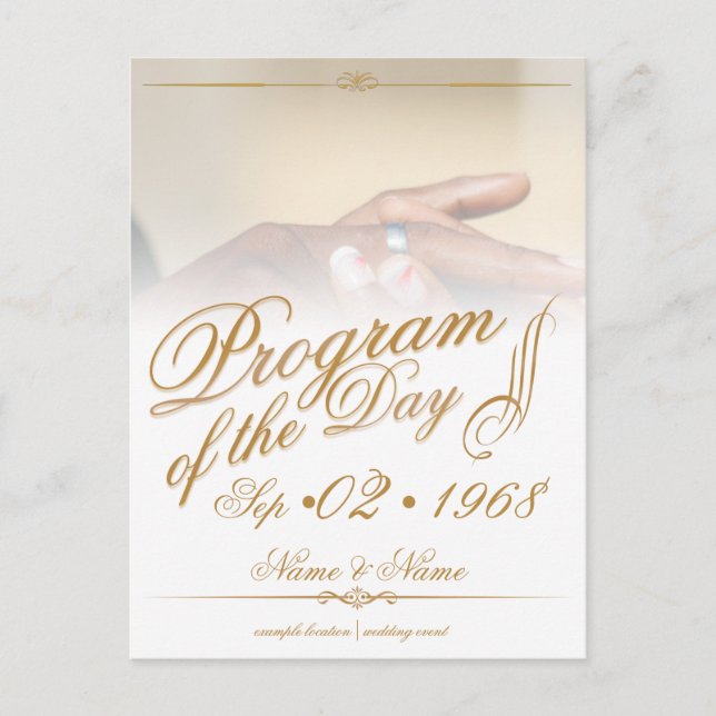 Hands of a coloured wedding couple pin on ring gol announcement postcard (Front)