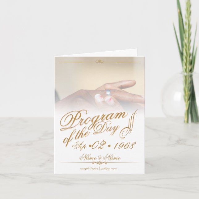 Hands of a coloured wedding couple pin on ring gol card (Front)