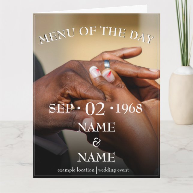 Hands of a coloured wedding couple pin on ring thank you card (Front)