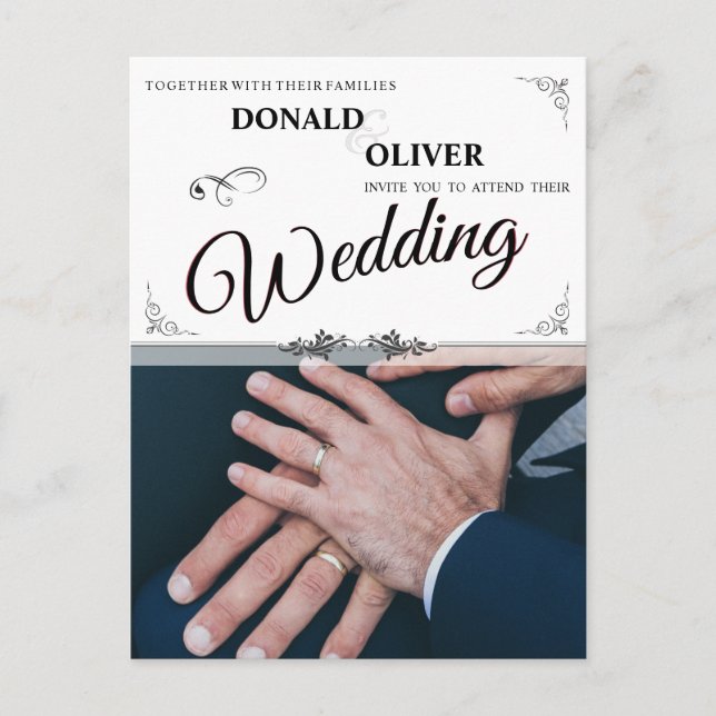 Hands of a Gay Wedding Couple with Rings Invitation Postcard (Front)