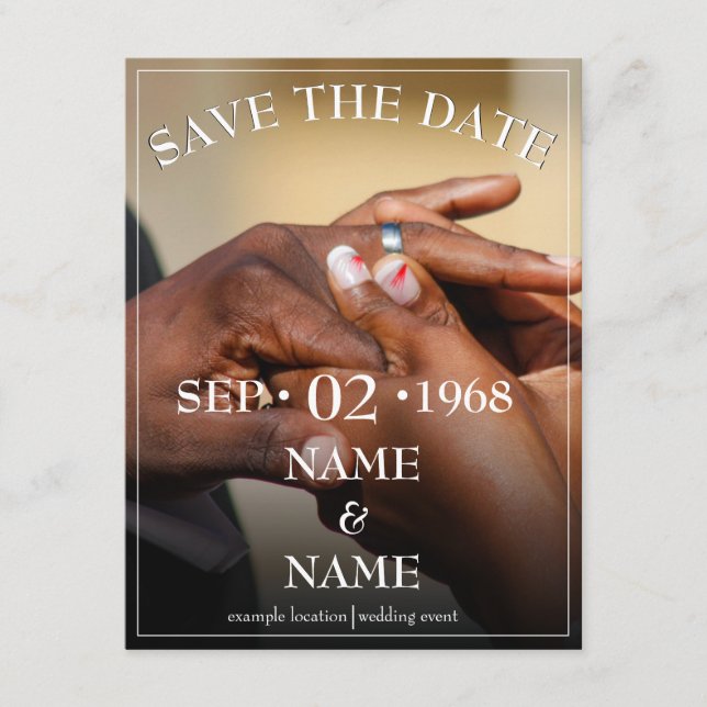 Hands of a wedding couple with a ring enclosure card (Front)