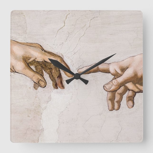 Hands of God the Father and Adam by Michelangelo Square Wall Clock (Front)