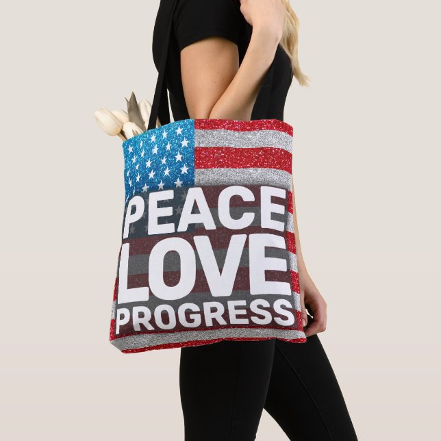 Hands Off Peace Love Progress America Flag Glitter Tote Bag (Close Up)