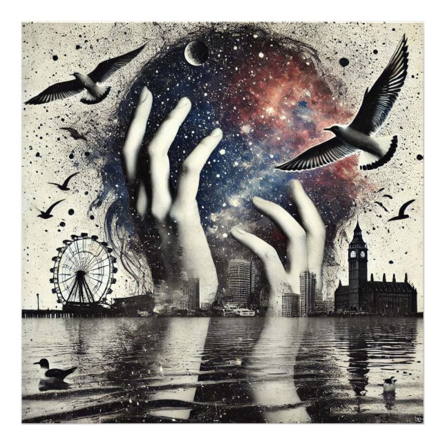 Hands on Face with Birds London Skyline, Big Ben Photo Print (Front)
