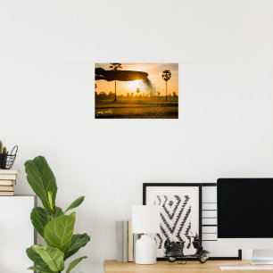 Hands Sifting Grain Rural Landscape Poster