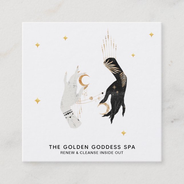 *~* Hands Stars Moon Mystic Gold Palm Leaves Spa Square Business Card (Front)