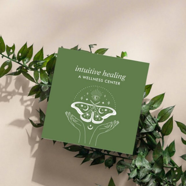 Hands Third EYE Moon Moth Yoga Spiritual Coach  Square Business Card (hands holding moth with crescent moon and evil eye)