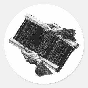Hands w Architectural Blueprints, Vintage Business Classic Round Sticker
