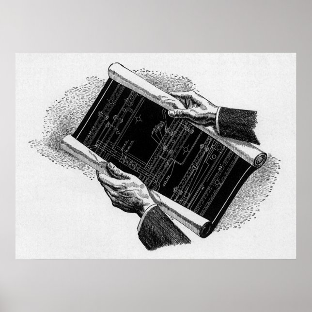 Hands w Architectural Blueprints, Vintage Business Poster (Front)