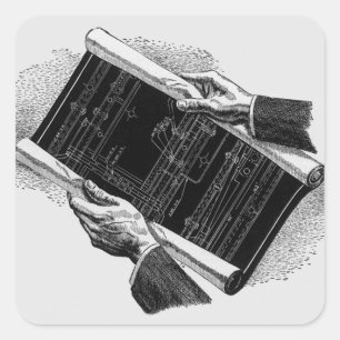Hands w Architectural Blueprints, Vintage Business Square Sticker