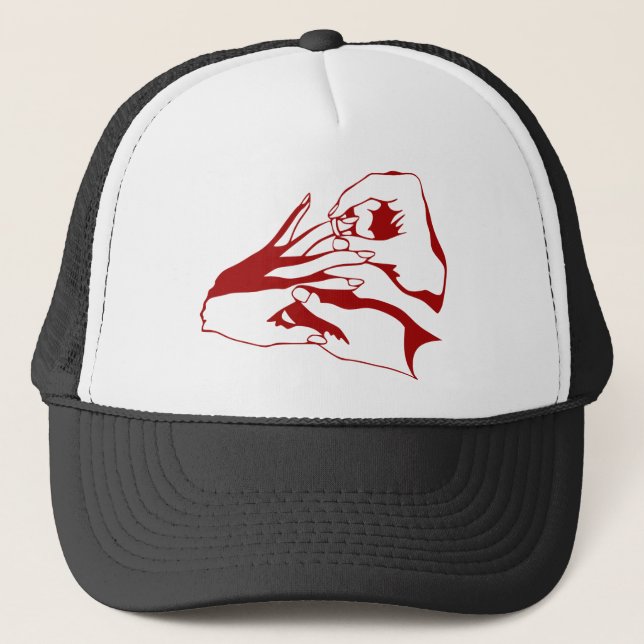 Hands Wedding Rings Give Take Marry Trucker Hat (Front)