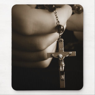 Hands with Rosary in Sepia Mouse Mat