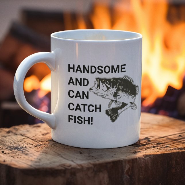 Handsome and Can Catch Fish Largemouth Bass Coffee Mug (Funny fishing coffee mug for the handsome angler in your life.  Great gift for Christmas or birthday)