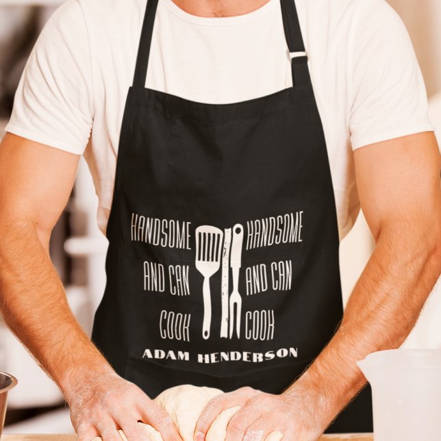 Handsome and Can Cook Custom Name Black Apron (Creator Uploaded)