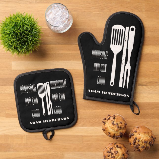 Handsome and Can Cook Custom Name Black Oven Mitt & Pot Holder Set (Top Down)