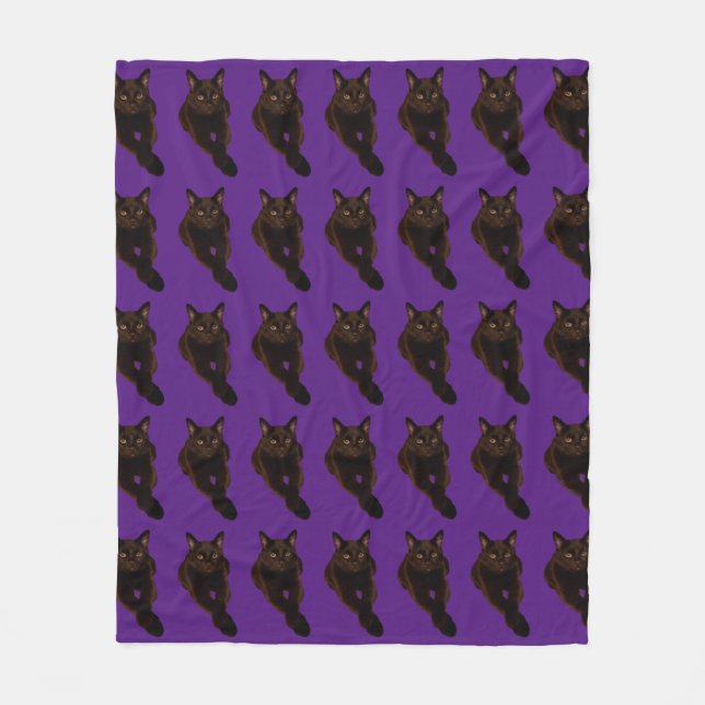 Handsome Black Cat Photo Cutout on Dark Purple Fleece Blanket (Front)