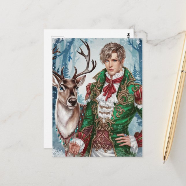 Handsome blonde man and a Reindeer Christmas Postcard (Front/Back In Situ)