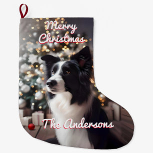 Handsome Border Collie and Christmas Tree Red Large Christmas Stocking