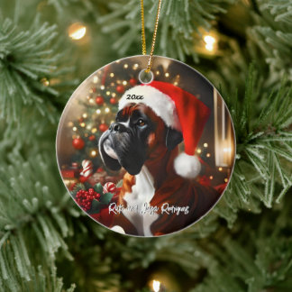 Handsome Boxer with Santa Hat Ceramic Tree Decoration