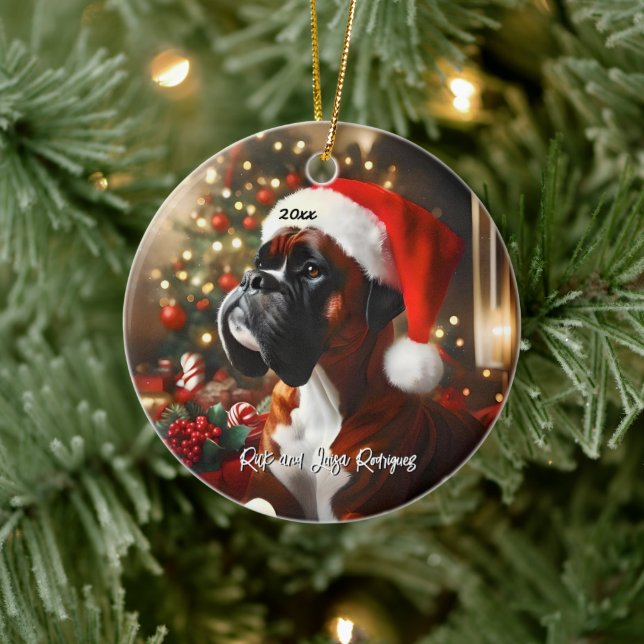 Handsome Boxer with Santa Hat Ceramic Tree Decoration (Tree)