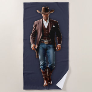 Handsome Cowboy Navy Blue & Brown Beach Towel