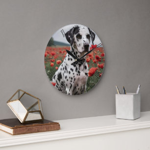 Handsome Dalmation Dog In The Poppy Field, Large Clock