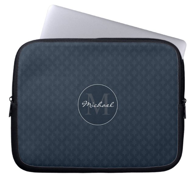 Handsome Dark Navy Blue Personalised Monogram Laptop Sleeve (Front)