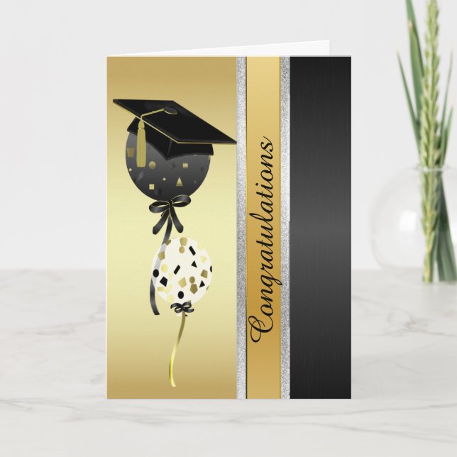 Handsome Gold and Black Balloons Graduation Card (Front)