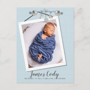 Handsome In Blue Frame Photo Birth Announcement Postcard