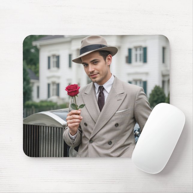 Handsome Man Holding a Red Rose Mouse Mat (With Mouse)