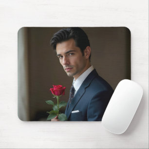 Handsome Man With a Red Rose Mouse Mat