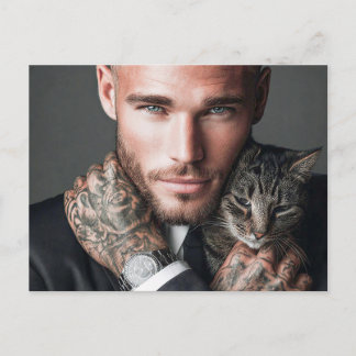 Handsome Men & Cats Art Postcard