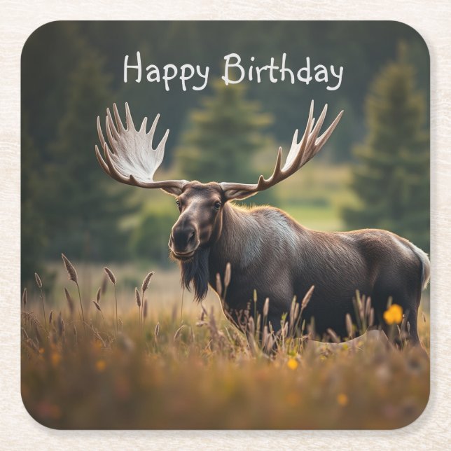 Handsome Moose Birthday Square Paper Coaster (Front)