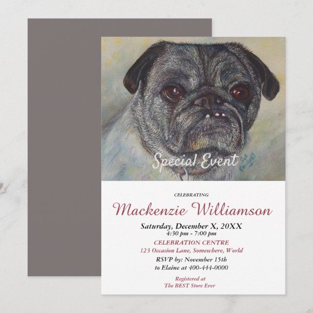 HANDSOME PUG WISHES HAPPY BIRTHDAY INVITATION (Front/Back)