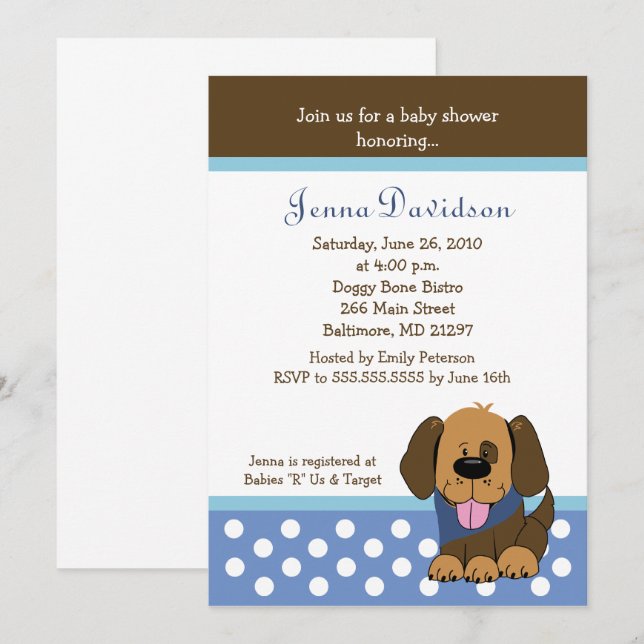 Handsome Puppy Dog Baby Boy Shower 5x7 Invitation (Front/Back)