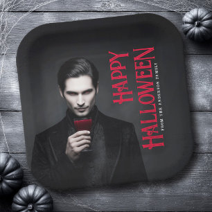 Handsome vampire drinking blood Happy Halloween Paper Plate