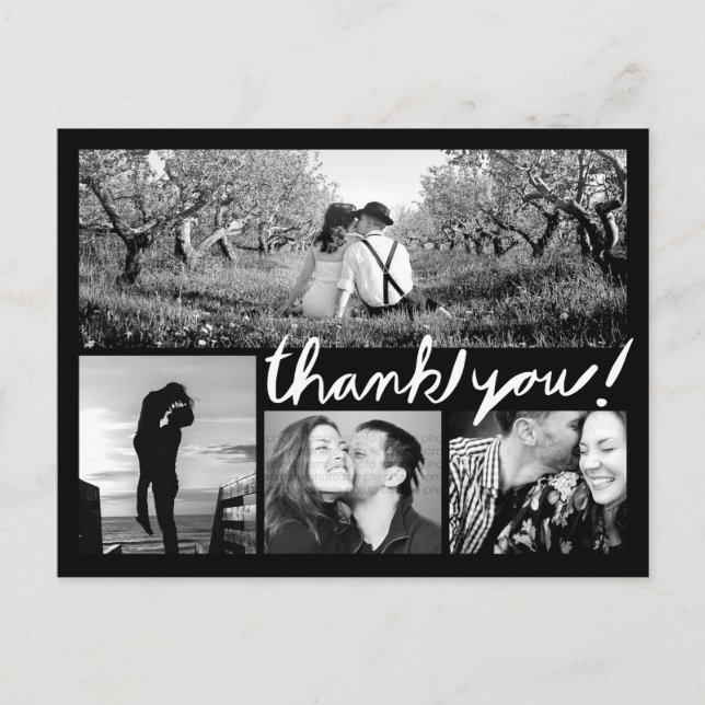 Handwrite 4 Photo Collage Thank You Black Postcard (Front)