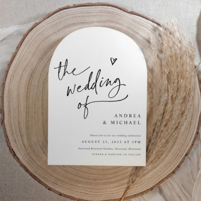 Handwriting Arch Heart Wedding Modern QR Code Invitation (Modern black and white arch wedding invitation with hand drawn heart and qr code details on the back)