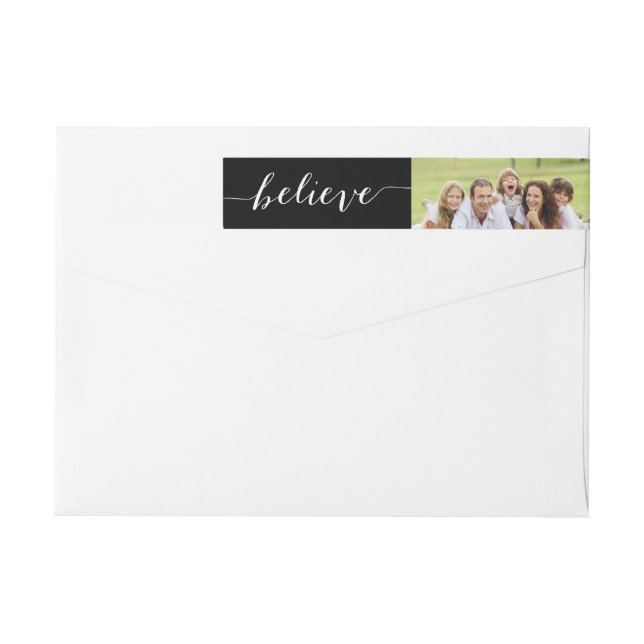Handwriting Believe | Holiday Photo Return Address Wrap Around Label (Back)